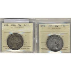 Nfld 1885 50¢ & 1888. Both ICCS F12 key dates. Lot of 2 coins.