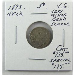 Nfld 1873 5¢ VG. (PBA). Very minor bend. (PBA).