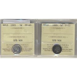 Nfld 1880 5¢ ICCS F12 and 1903, ICCS EF40. Lot of 2 coins.