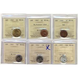 1946 1¢, 1947 ML Ptd, 1943 5¢, 1937 10¢, 1942 & 1943. Lot of 6 coins all ICCS graded MS64.