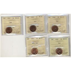 1946(2) 1¢, 1947, 1950 & 1953 NSF ICCS MS65RD. Lot of 5 coins.