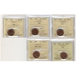 1946(2) 1¢, 1947, 1950 & 1953 NSF ICCS MS65RD. Lot of 5 coins.