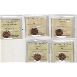 1947(2) 1¢, 1950 Rotated Dies, 1950 & 1951 ICCS MS65RD. Lot of 5 coins.
