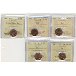 1947(2) 1¢, 1950 Rotated Dies, 1950 & 1951 ICCS MS65RD. Lot of 5 coins.