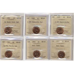 1949 1¢ A Off(2), 1953 NSF, 1960, 1963 & 1965 LgBds Ptd ICCS MS65. Lot of 6 coins.