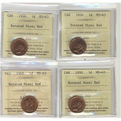 1950 1¢ Rotated Dies ICCS MS63RD. Lot of 4 coins.