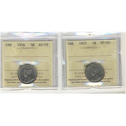 1925 5¢ ICCS VF20 and 1924, ICCS AU55. Lot of 2 coins.