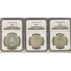 Mexico, 1945M(2) Peso MS64 & 1948MO S5P MS62. Lot of 3 NGC graded coins.