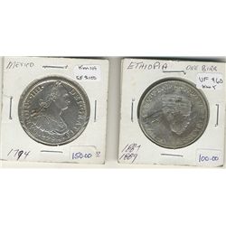 Crown, Mexico 1794 8 Reales KM#109 EF & Ethiopia One Bir KM#5 VF. Lot of 2 coins.