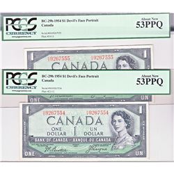 1954 $1 BC-29b #HA9267554/755 PCGS AU53PPQ. Lot of 2 consecutive notes.
