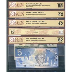 1954 $1 BC-37bA-i *BM AU55, 1973 $1 BC-46aA *AA EF40,1991 $20 BC-58bA-i F12, BC58b-ii AU50 & 2002 $5