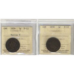 1858 1¢ & 1859 N9 ICCS F12. Lot of 2 coins.