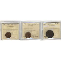 1907H 1¢, 1921 & 1928 ICCS AU55. Lot of 3 coins.