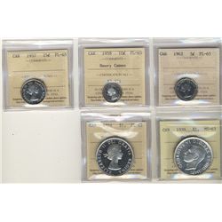 1962 5¢, 1958 10¢ HC, 1957 25¢ & 1964 $1 HC all ICCS PL65. Lot of 4 coins.