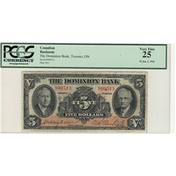 The Dominion Bank of Canada 1935 $5 #990513 CH-220-26-02 PCGS  VF25.