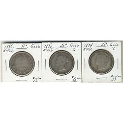 Nfld 1874 50¢, 1880 & 1885 Good to G+.  Lot of 3 coins.  (PBA)