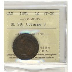 1891 1¢ SL SD Obv 3 ICCS VF20.