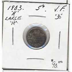1903H 5¢ Lg H VF30.  (PBA).