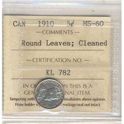 1910 5¢ Rd Lvs ICCS MS60.  Scarce variety, designated cleaned.