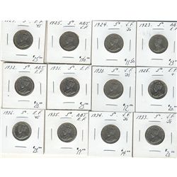 1923 5¢, 1924, 1925, 1927, 1928, 1930 to 1936.  Lot of 12 coins Abt VF to EF.  (PBA)
