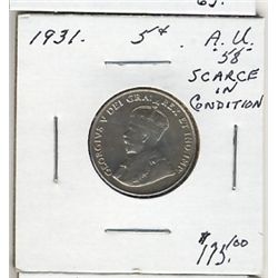 1931 5¢ AU58.  Tougher date in nice grades.  (PBA)