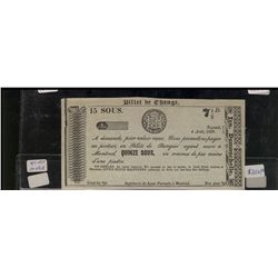 Scrip, Billet de Change 1837 15 Sous. Sharp clean EF issue.