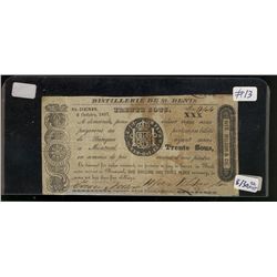 Scrip, Distillerie St. Denis 1837 Trente Sous. Nice Fine with stain.