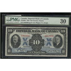 Imperial Bank of Canada 1933 $10 #E082680 PMG VF30. Bright and original issue.