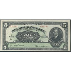 The Molson’s Bank of Canada 1922 $5 #021191 CH-490-40-02 BCS CH UNC63. Superb and attractive example