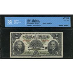 The Bank of Montreal 1942 $5 #012920 CH-550-64-02 CCCS VF20.