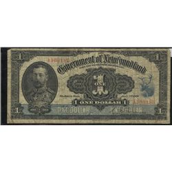 Gov’t of Newfoundland $1 NF-12d #A309180. VG+ for grade with light glue residue on upper back border