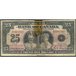 1935 $25 BC-11 #A008269. VG example with major repaired (old tape) tear. Looks to have been torn in 
