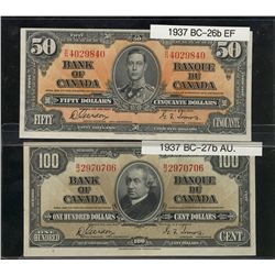 1937 $50 BC-26b #BH4029840 & $100 BC-27b #BJ2970706. Lot of 2 notes EF-AU.