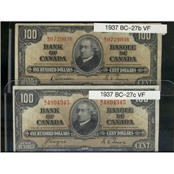 1937 $100 BC-27b & BC-26c. Lot of 2 notes VF-VF30.