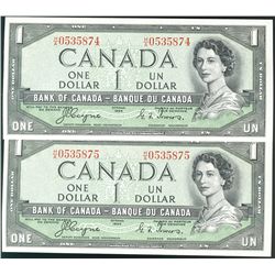 1954 $1 BC-29a #HA0535874/875. Lot of 2 consecutive Crisp UNC Original notes.
