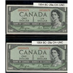 1954 $1 BC-29a #HA0535878/879. Lot of 2 consecutive Crisp UNC Original notes.