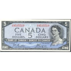 1954 $5 BC-31b #DC9535519. Sharp AU/UNC issue.