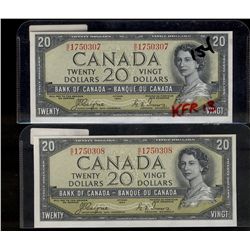 1954 $20 BC-33a #BE1750307/308. Lot of 2 consecutive notes AU/UNC with light oil type stain on upper