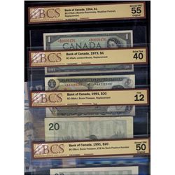 1954 $1 BC-37bA-i *BM AU55, 1973 $1 BC-46aA *AA EF40,1991 $20 BC-58bA-i F12, BC58b-ii AU50 & 2002 $5