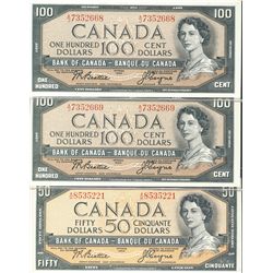 1954 $50 BC-42a #AH8535221 & $100 BC-43a #AJ7352668/2669. Lot of 3 notes AU to UNC.