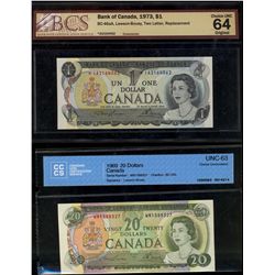 1973 $1 BC-46aA #*IA BCS & 1969 $20 BC-50b CCCS UNC63. Lot of 2 notes.
