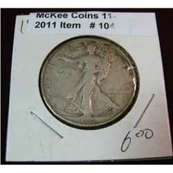 104. 1937 S Walking Liberty Half Dollar. F-12.