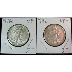 106. 1942 P & 46 S Walking Liberty Half Dollars. Both VF