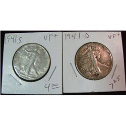 107. 1941 D & S Walking Liberty Half Dollars. Both VF