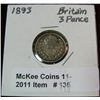 Image 1 : 136. 1893 Great Britain Silver Three Pence. F-12.
