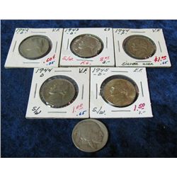 470. 1913P T.1 Buffalo, 1942D, 43D, 44P, 44D, & 45D Silver War Nickels.
