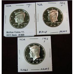 868. 1991S, 92S & 93S Kennedy Half Dollars. Proof.