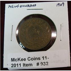 932. 1909 New Foundland Cent. AU. Catalog $75.00