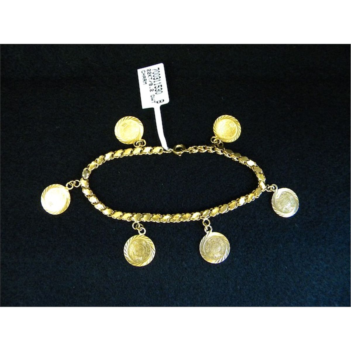 22K Yellow Gold Charm Bracelet with 6 Small Coin Charms.