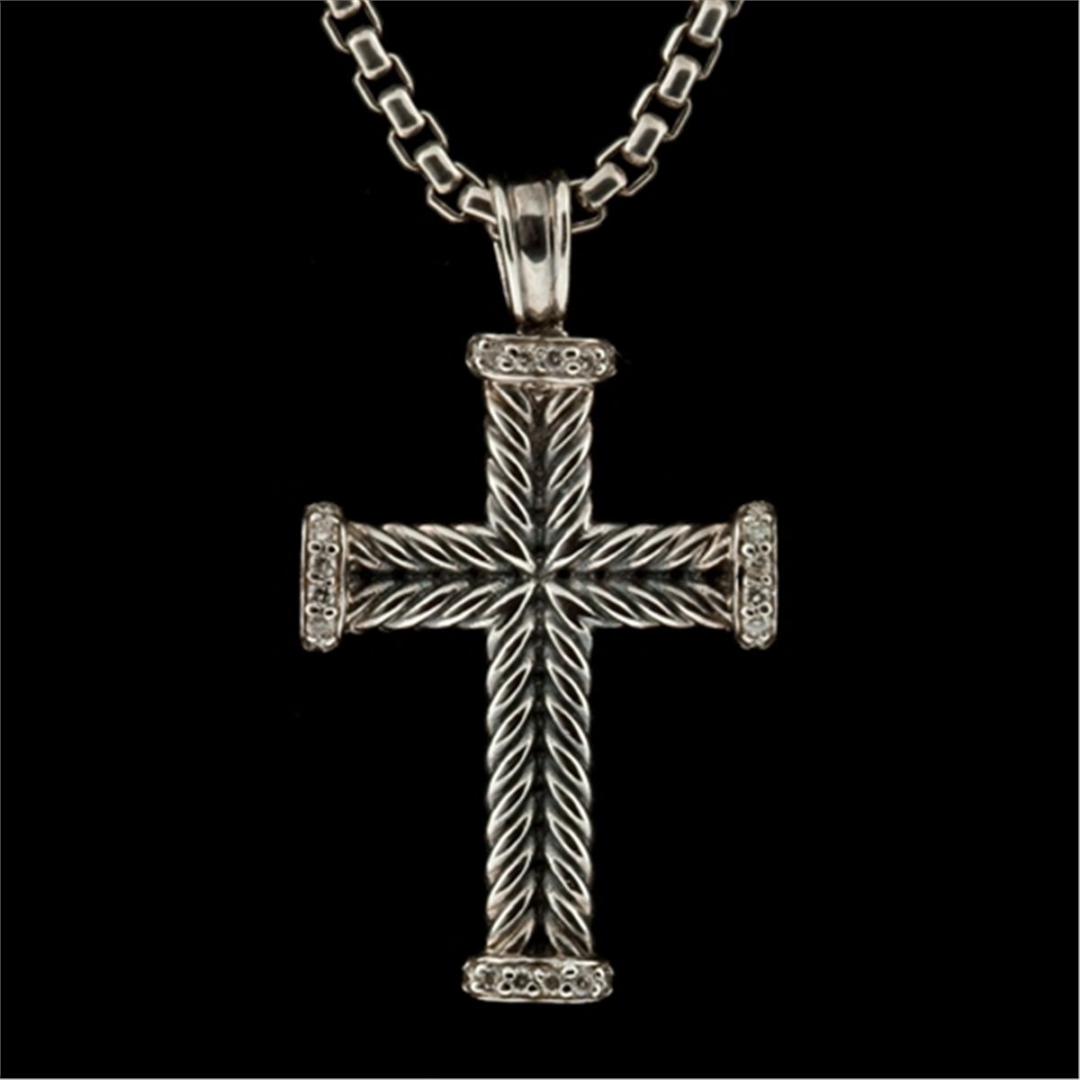 David Yurman Sterling Silver and Diamond Cross Pendant and Chain